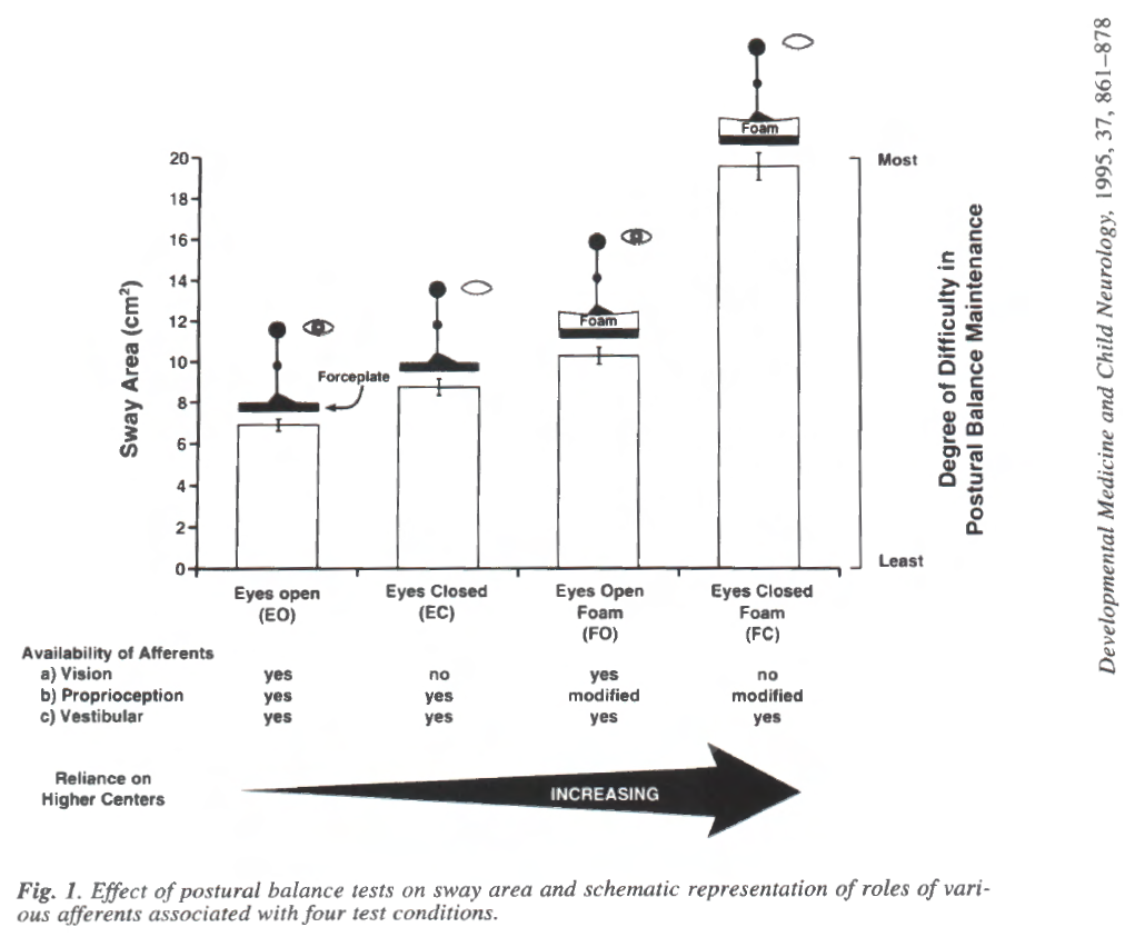 A bar chart showing increasing sway area measurements between eyes open, eyes closed, eyes open foam, and eyes closed foam test methods.